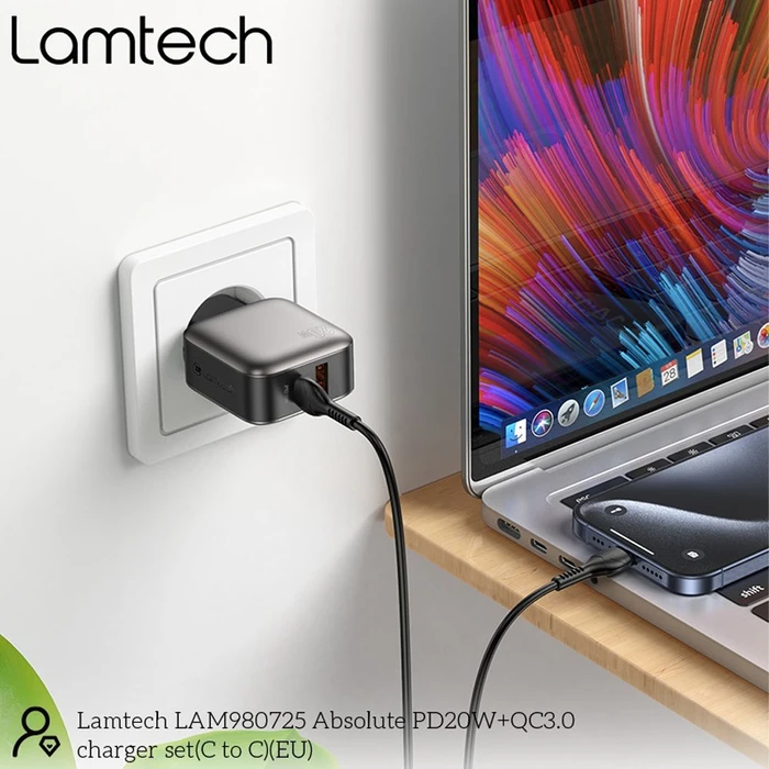 Φορτιστής Πρίζας Lamtech Dual Port Qc3.0 Set Pd20W With Type-C To Type-C 60W 1M Grey
