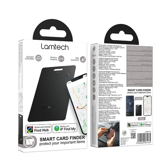 Lamtech Smart Tracker Card LAM981135 Μαύρο – Εντοπιστής Apple Find My & Google Find My Device