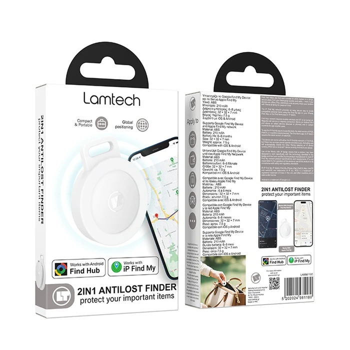 Lamtech LAM981180 Smart Tracker Tag Apple Find My & Google Find Hub — Λευκό