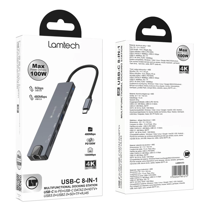 LAMTECH 8-IN-1 4K Multifunctional Docking Station 100W Anthracite