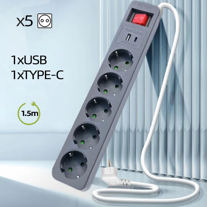 Πολύπριζο Lamtech 5Way Surge Protector With 1Xtype-C 1XUSB 5Xschuko Black/White 1.5M