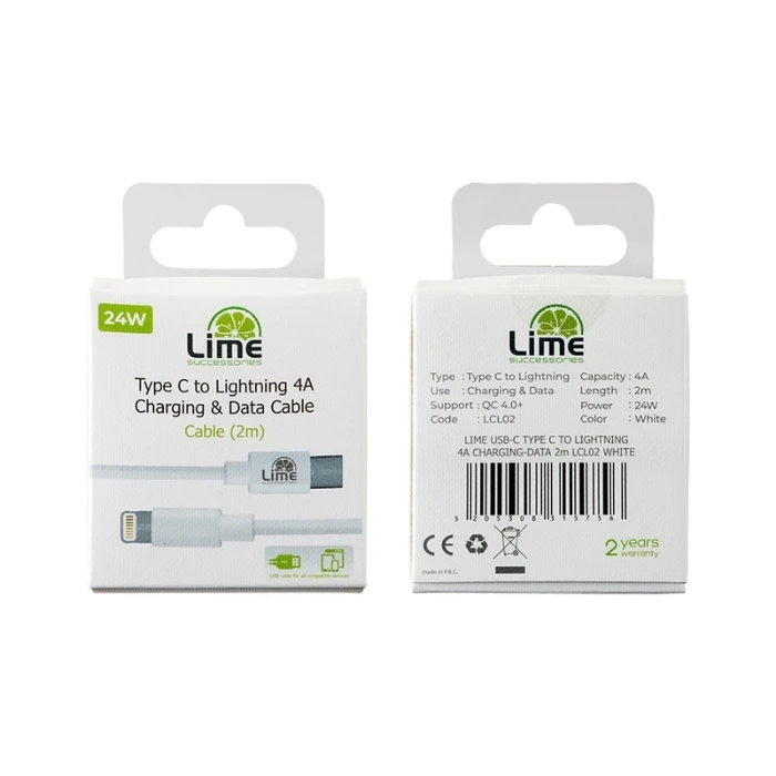 Kαλώδιο USB Lime LCL02 Λευκό USB Type-C σε Lightning 4.0A, 2m για φόρτιση και δεδομένα-24W