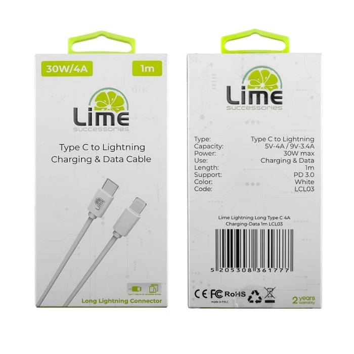 Kαλώδιο USB Lime LCL03 Λευκό USB Type-C σε Lightning Long 4.0A, 1m για φόρτιση και δεδομένα-30W