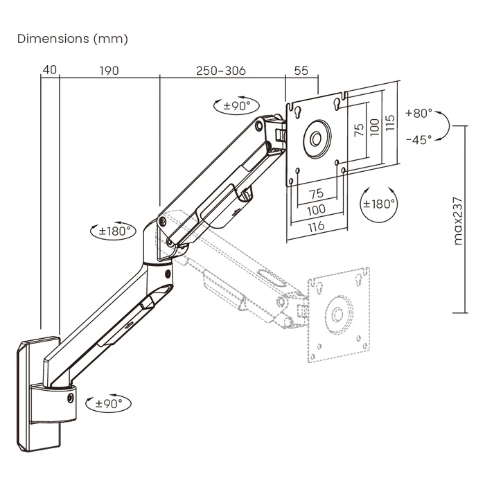 BRATECK Wall Mount Monitor Arm LDA113-112, 17-32", up to 9 kg