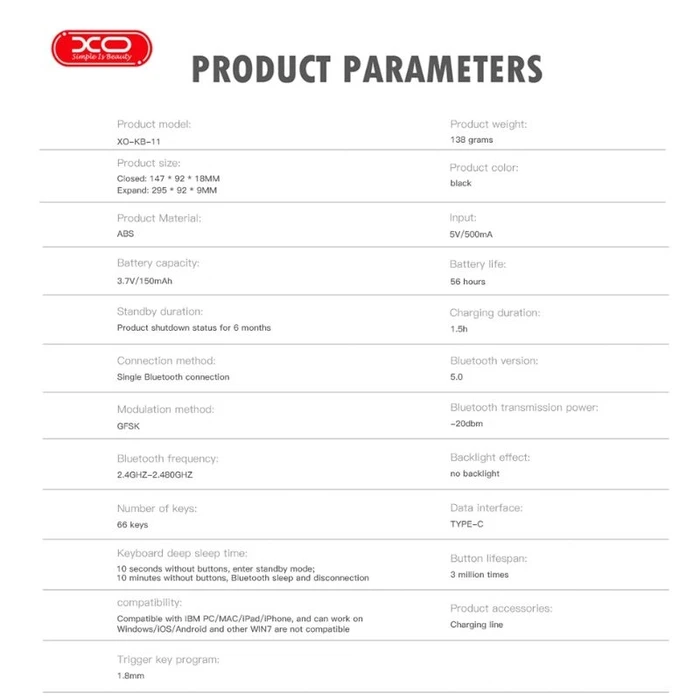 XO Ασύρματο Πτυσσόμενο Πληκτρολόγιο KB-11