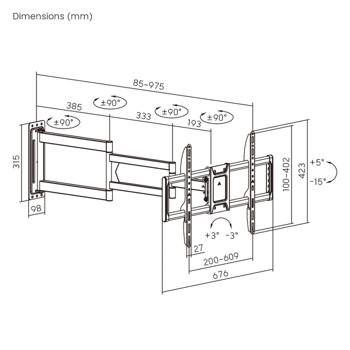 BRATECK επιτοίχια βάση τηλεόρασης LPA95-465XL, 37"-86", έως 50kg, full motion