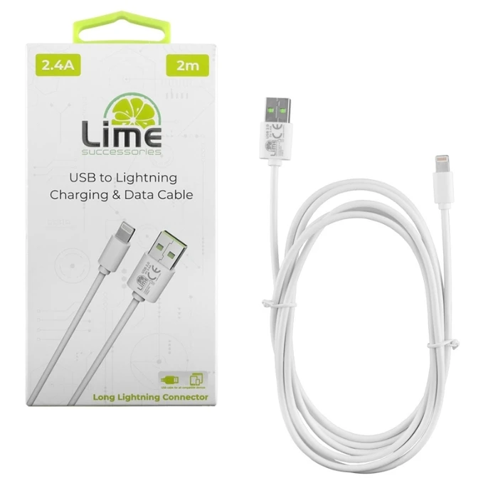 Kαλώδιο USB Lime LUL02 Λευκό USB-A σε Lightning Long 2.4A, 2m για φόρτιση και δεδομένα-12W