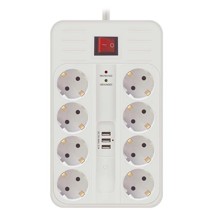 Technik Professional Power Strip 8-Socket with Switch & 3 USB Ports (USB-A & USB-C), Surge Protection, 16A, 1.5 m Cable