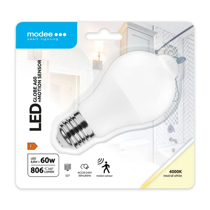 Modee LED Smart Σφαιρική Λάμπα με Αισθητήρα PIR A60 8,8W E27 4000K 806 lumen