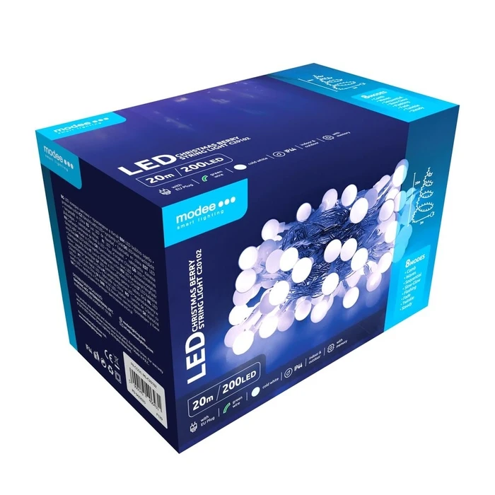 Modee Χριστουγεννιάτικα Λαμπάκια LED Τυπού Berry με Βύσμα 200LED 20m 10cm Ψυχρό Λευκό
