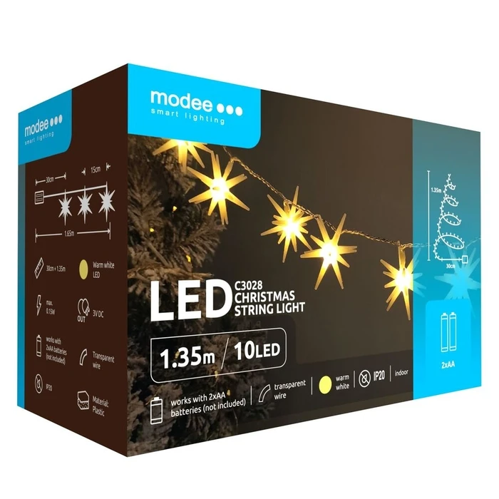 Modee Χριστουγεννιάτικα Διακοσμητικά Φωτάκια LED Μπαταρίας 10LED 1,65m Θερμό Λευκό
