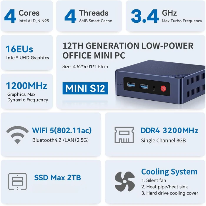 Beelink Mini S12 Mini PC (Intel N95 / 12GB DDR4 / 480GB M.2 / Windows 11 Pro)