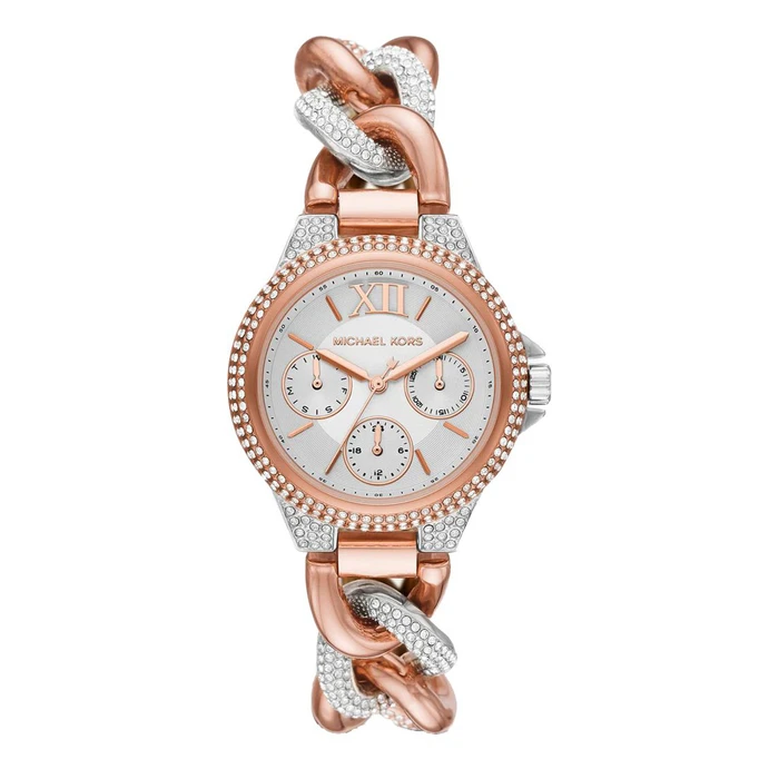 Michael Kors Women's Quartz Watch MK6843 (34mm) – Grey Dial, Pink Stainless Steel Bracelet