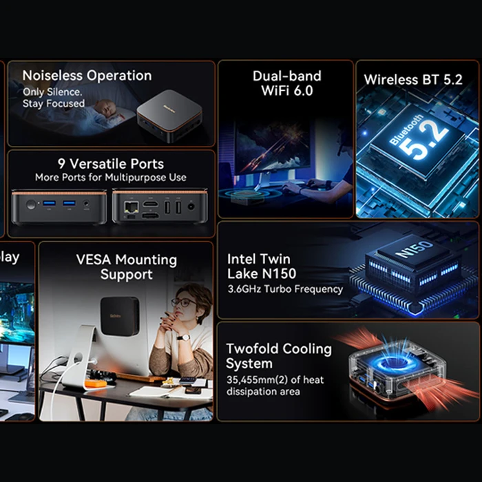 Mini PC Blackview Intel N150 8gb Ddr4 256gb M.2 Ssd 2280 4k Dual Display Win 11 Pro Black