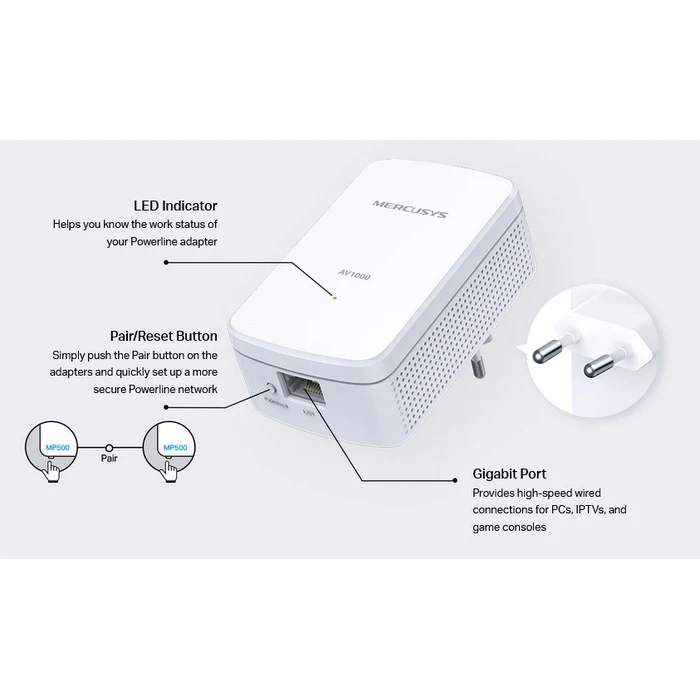 Powerline Mercusys MP500 Kit, AV1000 Gigabit, Ver: 1.0