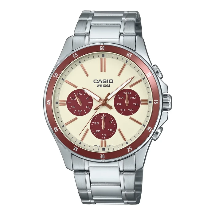 Casio Men’s Analog Quartz Watch MTP1374D5A2VD — 47mm, Stainless Steel Silver Bracelet, Beige Dial