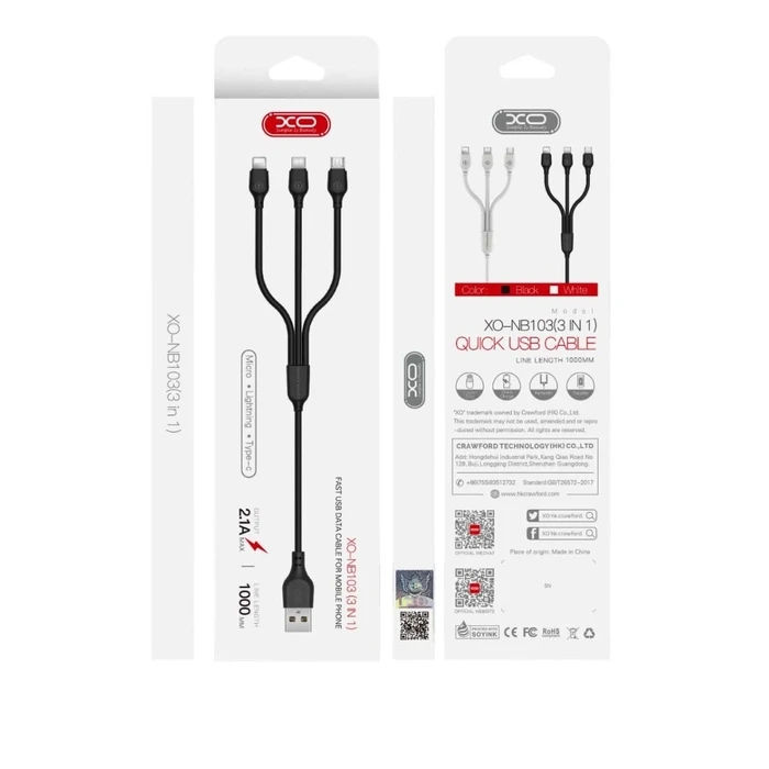 Καλώδιο USB XO NB103 2.0A 3 σε 1 Λευκό