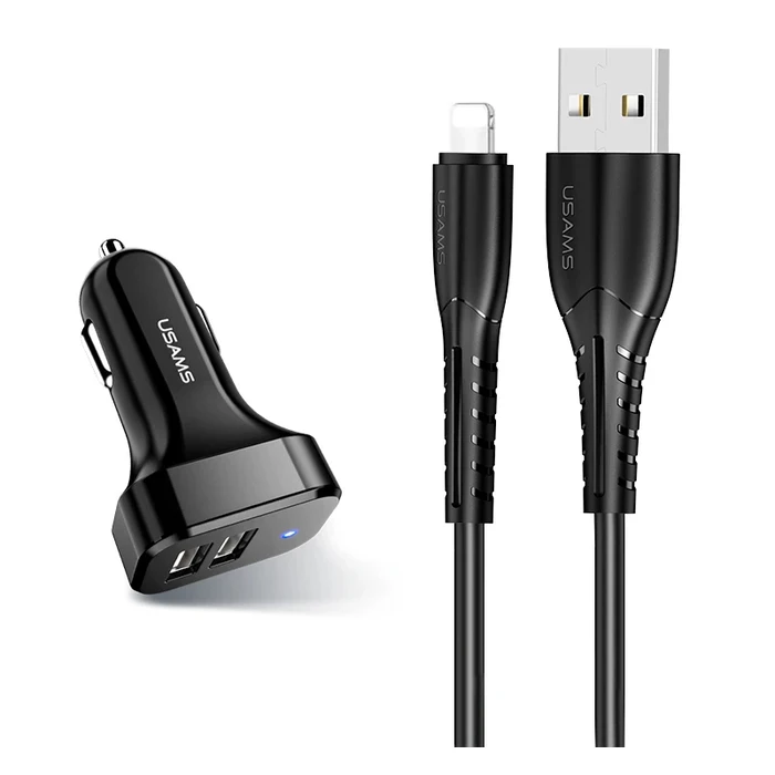 Φορτιστής Αυτοκινήτου Usams C13 & καλώδιο Lightning, 2x USB, 2.1A, μαύρο