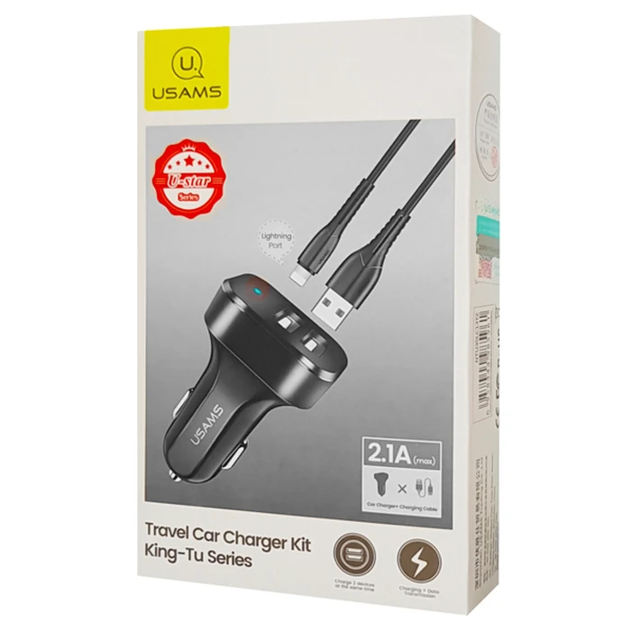 Φορτιστής Αυτοκινήτου Usams C13 & καλώδιο Lightning, 2x USB, 2.1A, μαύρο