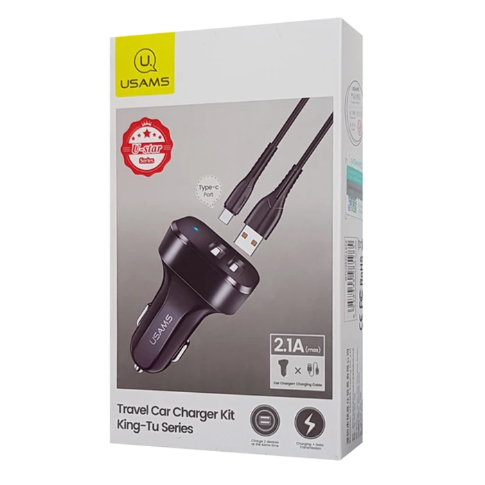 Φορτιστής Αυτοκινήτου Usams C13 & καλώδιο type-C, 2x USB, 2.1A, μαύρο