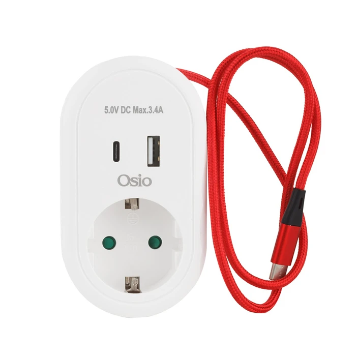 Μονόπριζο Osio OPS-3001 με ενσωματ. καλώδιο φόρτισης και 2USB Type-Α, Type-C, 380J, 3680W Λευκό