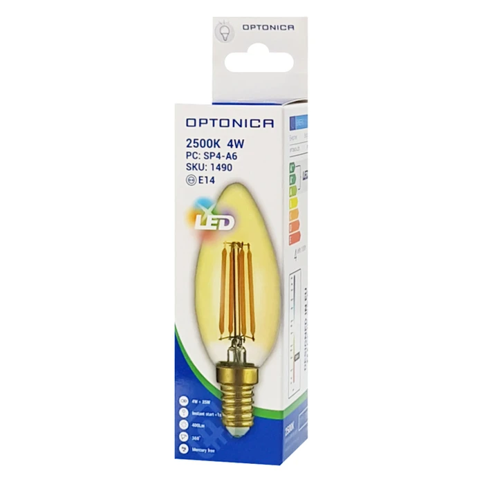 Λάμπα LED Optonica Candle C35 Filament 1490, 4W, 2500K, E14, 400lm