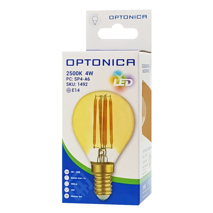 Λάμπα LED Optonica G45 Filament 1492, 4W, 2500K, E14, 400lm
