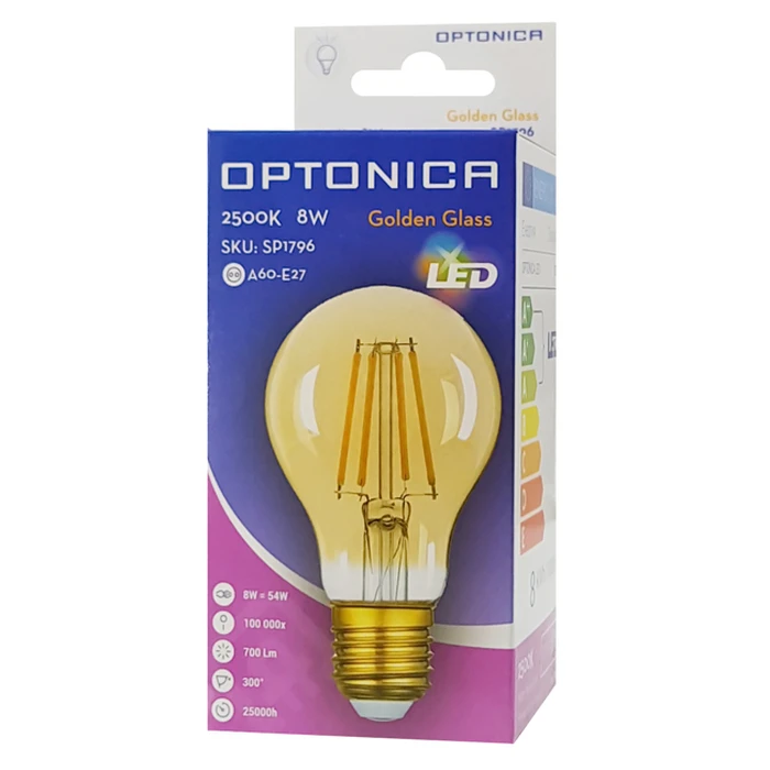 Λάμπα LED Optonica A60 Filament 1796, 8W, 2500K, E27, 700lm