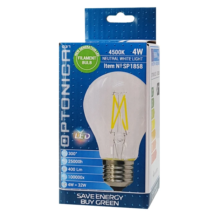 Λάμπα LED Optonica A60 Filament 1858, 4W, 4500K, E27, 400lm