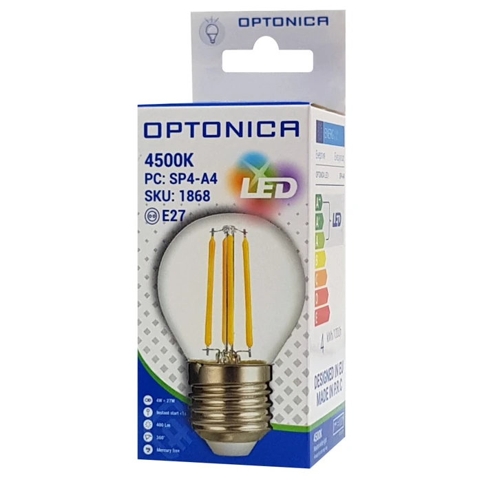 Λάμπα LED Optonica G45 Filament 1868, 4W, 4500K, E27, 400lm