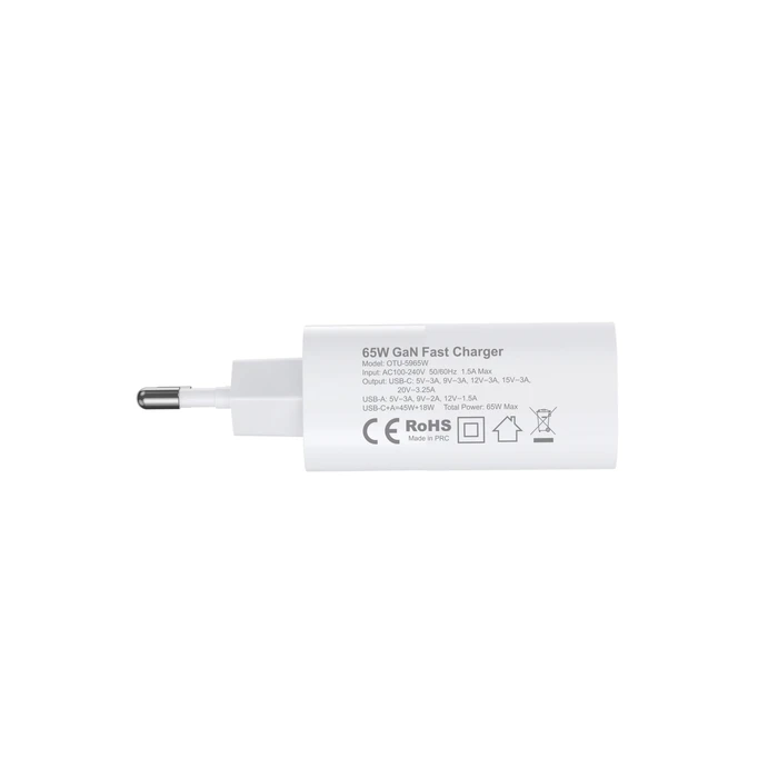 Osio Ταχυφορτιστής Ρεύματος GaN 65W με USB-A & USB-C (Λευκό) - OTU-5965W