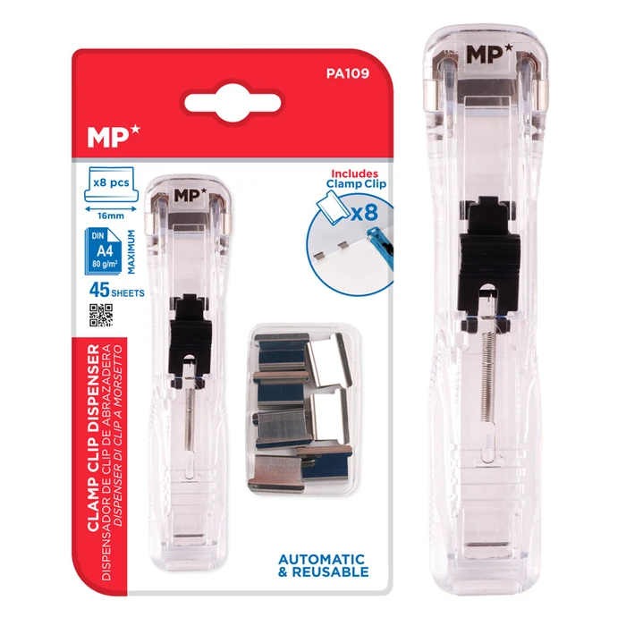 Συρραπτικό Τύπου Κλιπ MP PA109 με 8x επαναχρησιμοποιήσιμα κλιπ, 45 φύλλα, διάφανο