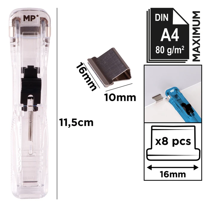 Συρραπτικό Τύπου Κλιπ MP PA109 με 8x επαναχρησιμοποιήσιμα κλιπ, 45 φύλλα, διάφανο