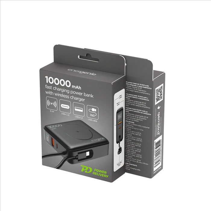 Energenie Fast Power Bank 10000mAh 20W με Ασύρματη Φόρτιση, USB-A & USB-C Μαύρο