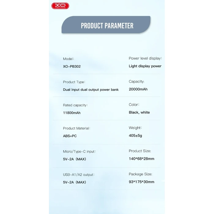 Power Bank XO PB302 Light Display 20000mAh Μαύρο