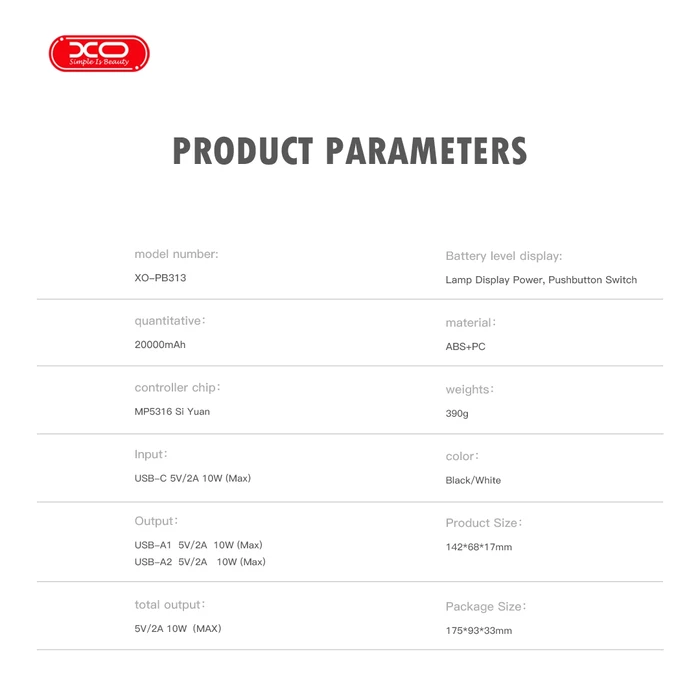 XO Powerbank 20000mAh Μαύρο PB313