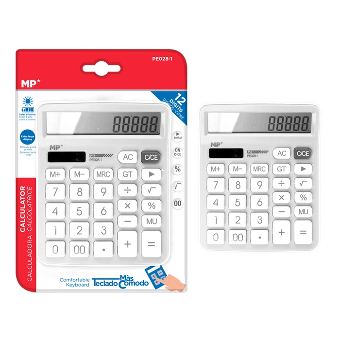 Αριθμομηχανή Pe028 Mp Ηλιακό & Μπαταρίες 12 Ψηφία Λευκή