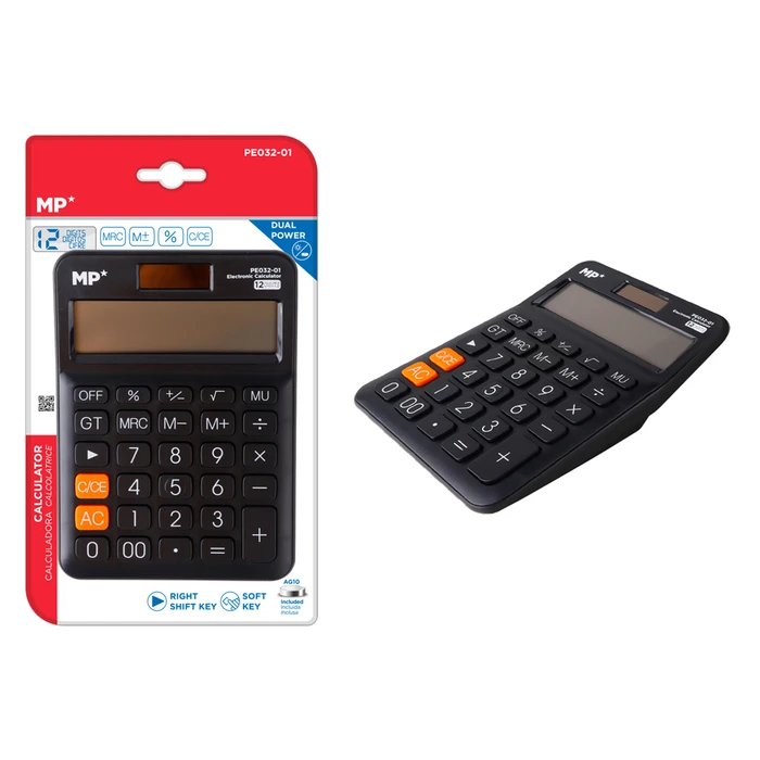 Αριθμομηχανή MP Pe032-01, Ηλιακό & Μπαταρίες, 12 Ψηφία, Μαύρη
