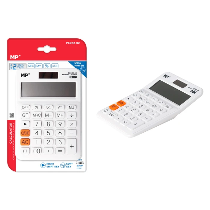 Αριθμομηχανή MP Pe032-01, Ηλιακό & Μπαταρίες, 12 Ψηφία, Λευκή
