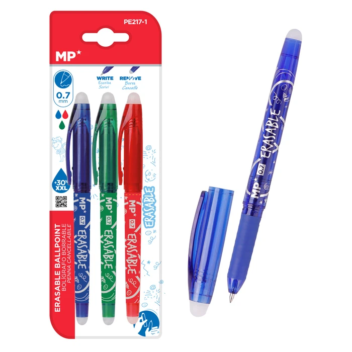 MP σετ στυλό διαρκείας PE217-1 erasable 0.7mm μπλε/πράσινο/κόκκινο 3τμχ