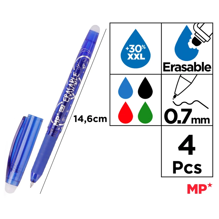 MP erasable pen set PE217-2, 0.7mm, Blue/Black/Green/Red, 4 pcs