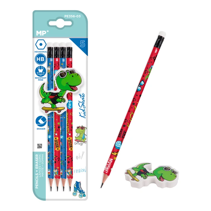 Σετ Μολύβια MP ξύλινα & γόμα Kid Skate PE356-03, εξάγωνα, HB, 5τμχ
