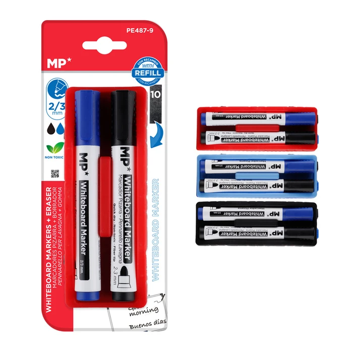 Μαρκαδόροι & Mp Σφουγγάρι Ασπροπίνακα Pe487-9 2/3mm Μαύρος & Μπλε 2τμχ