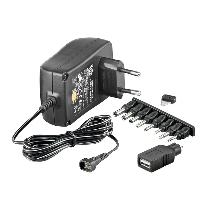 Microconnect Universal Adjustable Power Adapter 3-12V 1.5A 18W with Interchangeable DC Plug Set (PETRAVEL30)