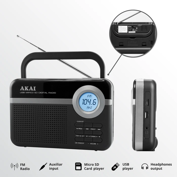 Akai PR006A-472U – Φορητό Ραδιόφωνο FM με USB/microSD, LCD Οθόνη & Ξυπνητήρι (Μαύρο)