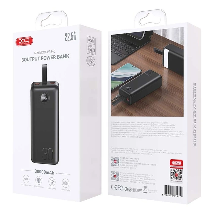 XO Power Bank Γρήγορης Φόρτισης USB C 20W USB A 22 5W με Οθόνη 30000mAh PR240