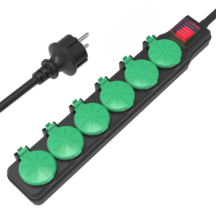 Πολύπριζο Ασφαλείας Powertech PT-1071, 6x schuko, IP44, 16A, 1.5m, μαύρο
