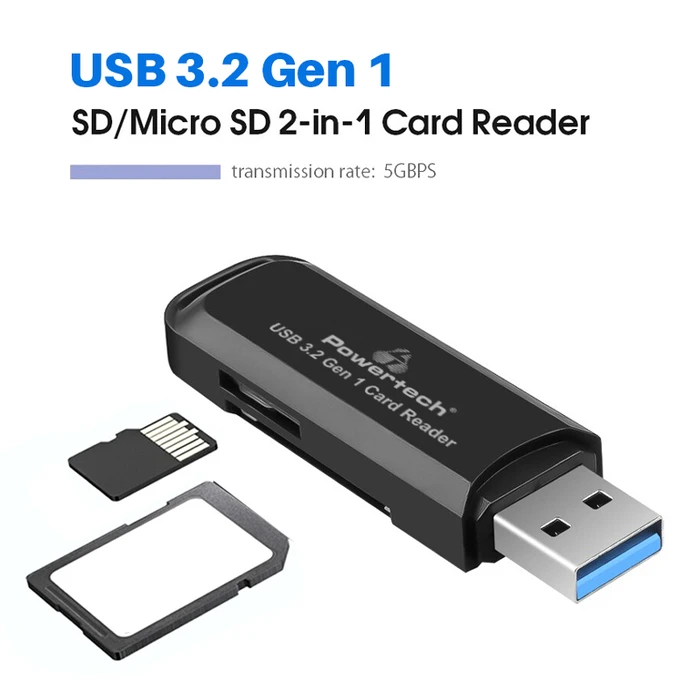 Card Reader Powertech PT-1112 για SD & micro SD, USB 3.2, 5Gbps, μαύρο