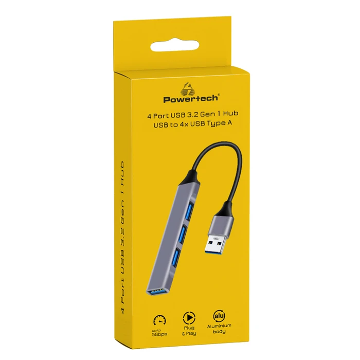 USB Hub Powertech PT-1114, 4x USB θύρες, 5Gbps, γκρι