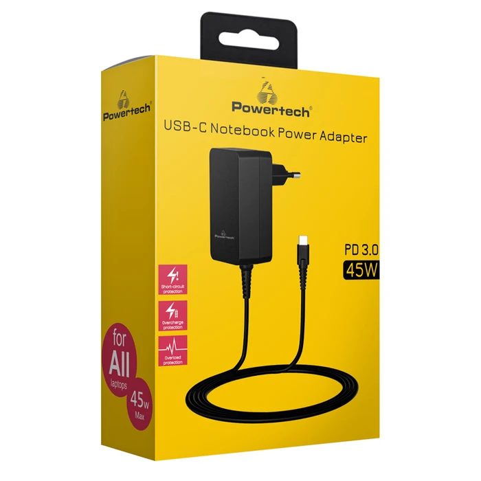 Φορτιστής Laptop Powertech PT-1155, USB-C PD, universal, 45W, μαύρο